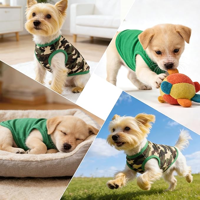 2 Pack Dog Clothes for Small Dogs Boy Girl Summer Camo Puppy Clothes Pet Tshirt Dog Shirts for Small Dogs Cats Apparel Tank Top, for Chihuahuas Yorkies Toy Poodle, Green Camouflage + Solid (XS)