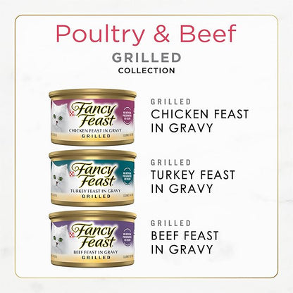 Fancy Feast Purina Grilled Wet Cat Food Poultry and Beef Collection Wet Cat Food VarietyPack - 3 Ounce (Pack of 60)