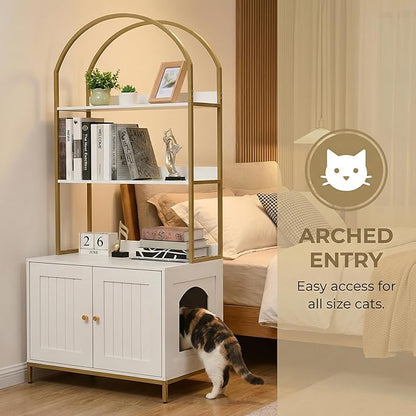 Homhedy Cat Litter Box Enclosure, Litter Box Furniture Hidden with 2-Tier Storage Shelves, Wooden Cat Washroom Furniture with Metal Frame, Modern Style, White and Gold