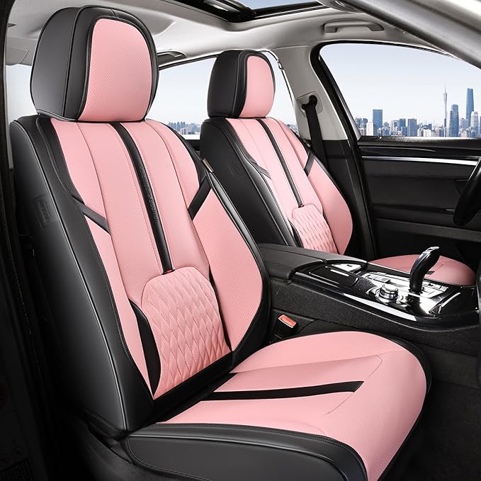 Coverado Leather Seat Cover Full Set, Waterproof Car Seat Covers with Lumbar Support, Front and Rear Seat Covers for Car, Universal Car Seat Protectors Car Seat Cushion Fit for Most Cars (Black&Pink)