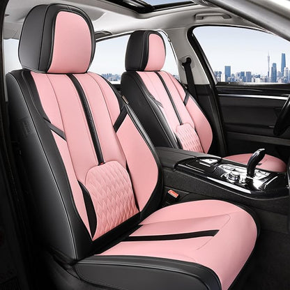 Coverado Leather Seat Cover Full Set, Waterproof Car Seat Covers with Lumbar Support, Front and Rear Seat Covers for Car, Universal Car Seat Protectors Car Seat Cushion Fit for Most Cars (Black&Pink)