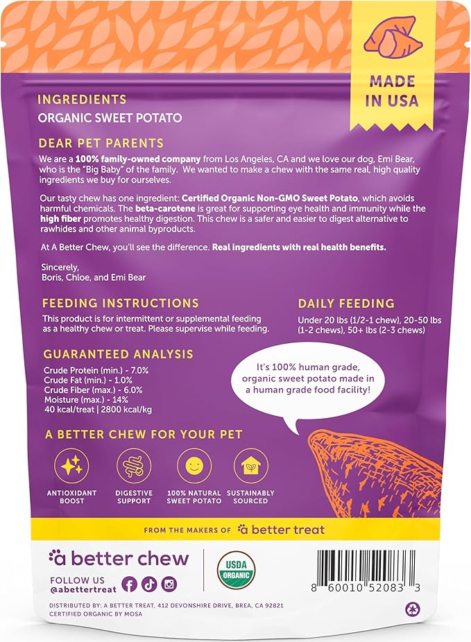 A Better Treat – Organic Sweet Potato Dog Treats, Single Ingredient, Dehydrated | Natural, Healthy, Long Lasting Chew, Diabetic Friendly | Sourced and Made in the USA