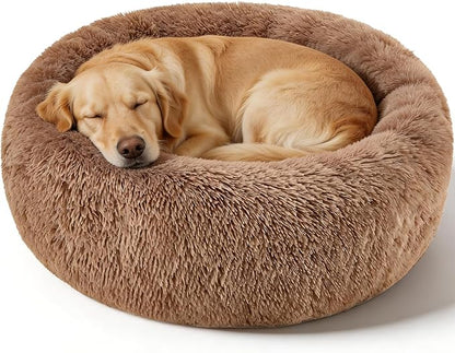 Dog Calming Beds for Medium Large Dogs - Round Donut Washable Dog Bed, Anti-Slip Faux Fur Fluffy Donut Cuddler Anxiety Cat Bed(36" Khaki)