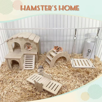 Wood Hamster House, Fun Tiny Hamsters Hideout, Detachable Double-Decker Hut for Dwarf Gerbil Mouse Mice Rat Small Animals(Only for Small Hamster)