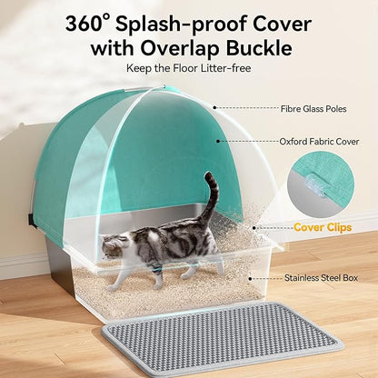 Meowant Stainless Steel Cat Litter Box with Lid, Extra Large Square 3-in-1 Enclosed Metal Litter Box with High-Sided Oxford Fabric Cover, Metal Scoop, Odorless, Non-Sticky,Leak-Resistant,Easy to Clean