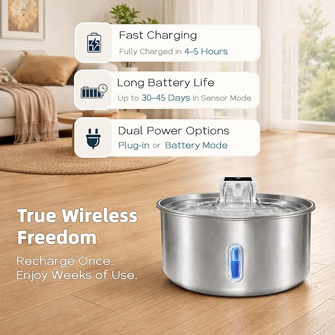 7L Stainless Steel Pet Water Fountain, Cordless Battery Powered for Cats & Dogs, Quiet Flow Automatic Dispenser with 4 Filters Included