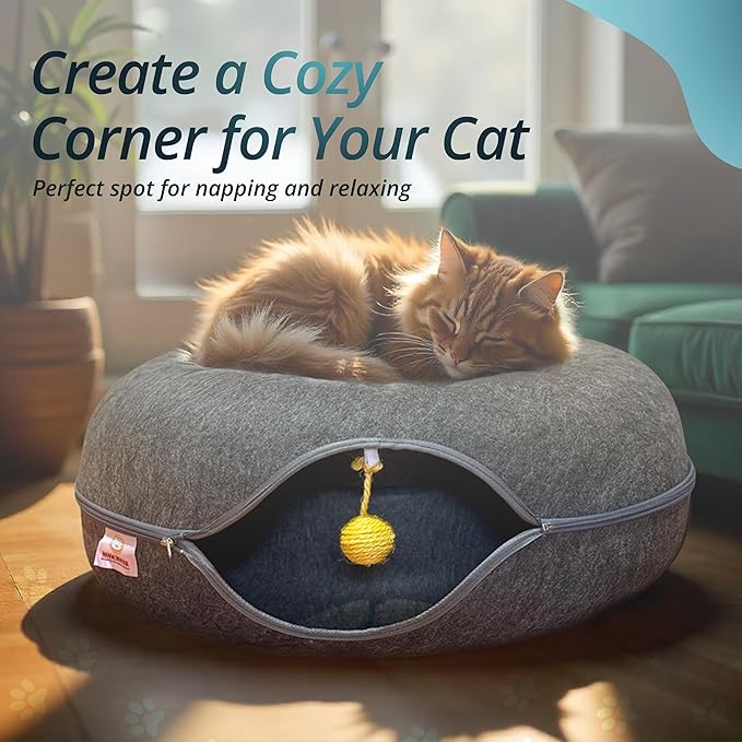 MEOWMATES Peekaboo Cat Tunnel Bed with Hanging Ball Toy – Large Cat Tunnels for Indoor Cats up to 30lbs – Round Cat's cave Bed with Scratch-Resistant, Easy to Wash & Cozy Design (24x24x11)