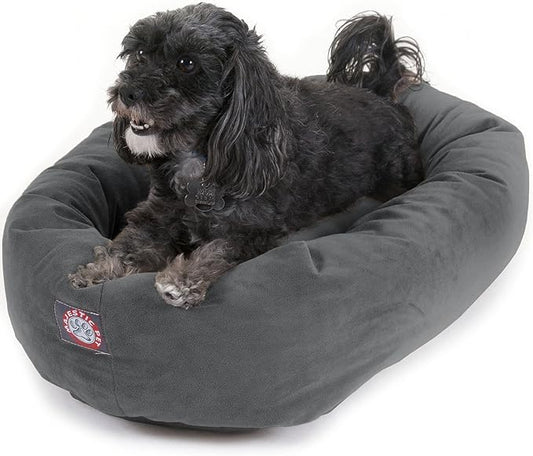 Majestic Pet 24-Inch Calming Donut Dog Bed – Small Washable Round Pet Bed with Suede Fabric – Orthopedic Spine Support for Head & Neck – Soft Fluffy Cuddler for Small Dogs & Cats, 24x19x7, Gray