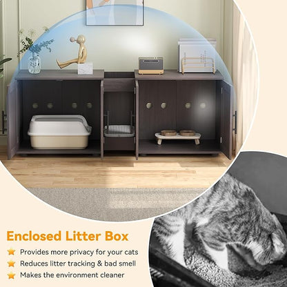 Cat Litter Box Enclosure Furniture for 2 Cats, 55" Large Hiddden Cat Litter Box Enclosure Furniture 3-IN-1 Wooden Cat Litter Cabinet with Barn Door & Double Rooms for Bedroom Living Room, Walnut