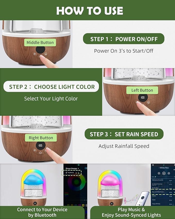 Relaxing Indoor Water Fountain with Gentle Rain Sounds, Weljoy Cloud Rainbow Rain Tabletop Fountain with Color Changing Lights, Wireless Design for Office Desk Meditation (Wood)