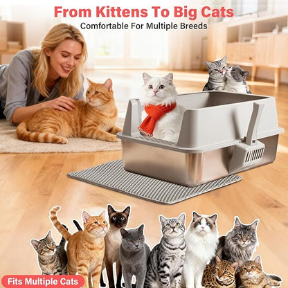 Stainless Steel Cat Litter Box with Lid, 2 Pack XL Metal Litter Box High Sided, Odor-Free/Anti-Urine Leakage & Non-Stick, Extra Large Litter Box with Mat & Scoop for Multiple/Big Cats, Easy Clean