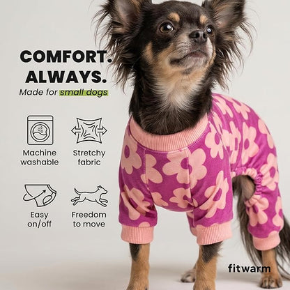 Fitwarm Flower Fleece Dog Pajamas, Warm Winter Dog Clothes for Small Dogs Girl, Cozy Pet Onesie with Feet, Pink, Large