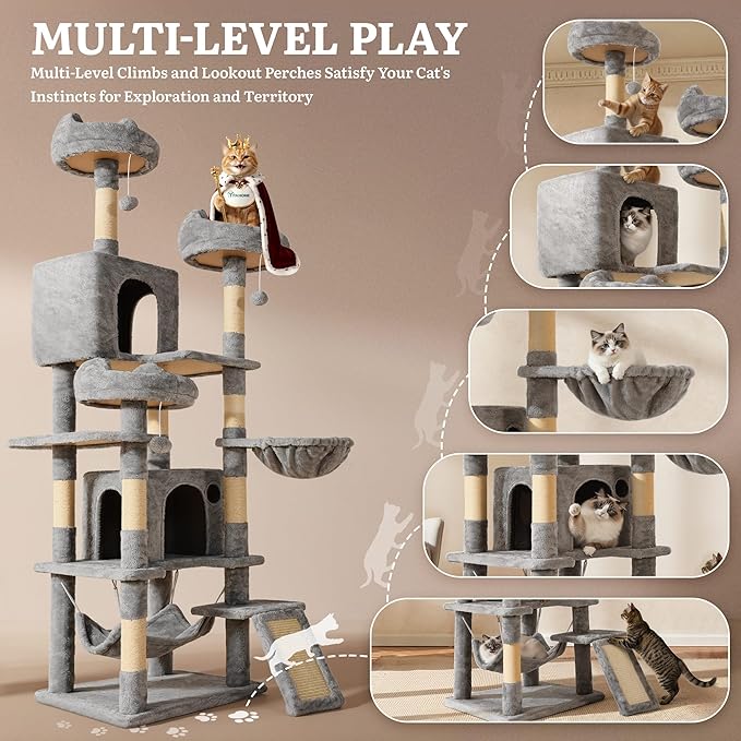 YITAHOME 75-Inch Tall Cat Tree Indoor: Multi-Level Kitten Tower with Kitty Condos, Top Perches, Sisal Ramp, Scratching Posts & Cozy Basket Hammocks Pet Play House Light Gray