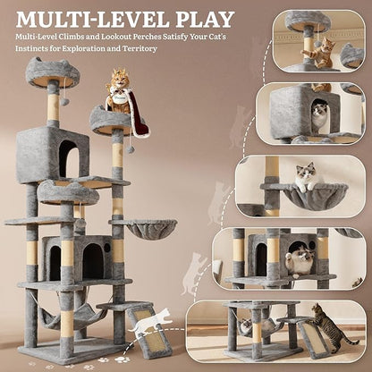 YITAHOME 75-Inch Tall Cat Tree Indoor: Multi-Level Kitten Tower with Kitty Condos, Top Perches, Sisal Ramp, Scratching Posts & Cozy Basket Hammocks Pet Play House Light Gray