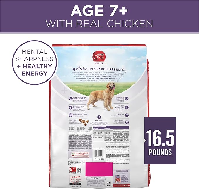 Purina ONE High Protein Dry Senior Dog Food Plus Vibrant Maturity Adult 7 Plus Formula - 16.5 Lb. Bag