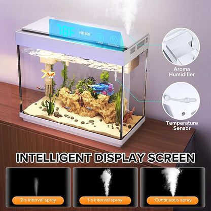 Vehipa Fish Tank 2.4 Gallon Aquarium Kit with Humidifier 7-Color Auto-Looping 3 in 1 Quiet Pump with Filteration & Oxygenation & Circulation, Temperature Display, HD Glass