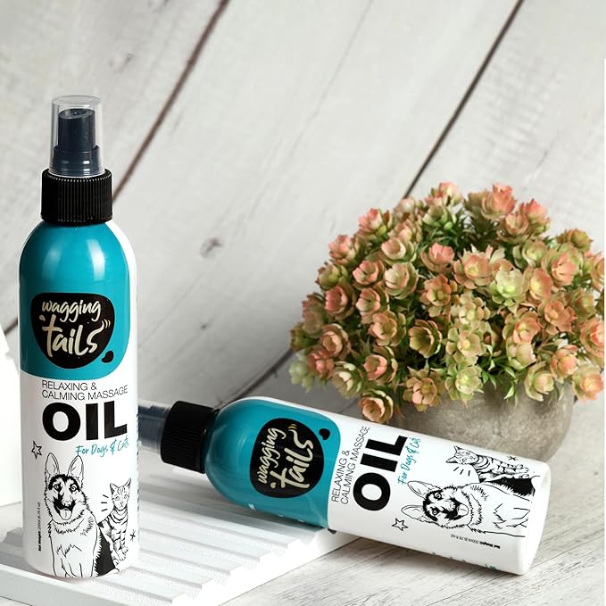 Wagging Tails 4-in-1 Relaxing & Calming Massage Oil for Dogs and Cats, 6.76 fl oz | Natural Grooming Formula | Enhances Coat Shine & Softness, Soothes Itching, Promotes Relaxation