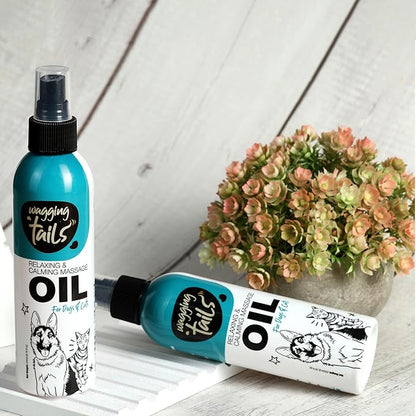 Wagging Tails 4-in-1 Relaxing & Calming Massage Oil for Dogs and Cats, 6.76 fl oz | Natural Grooming Formula | Enhances Coat Shine & Softness, Soothes Itching, Promotes Relaxation
