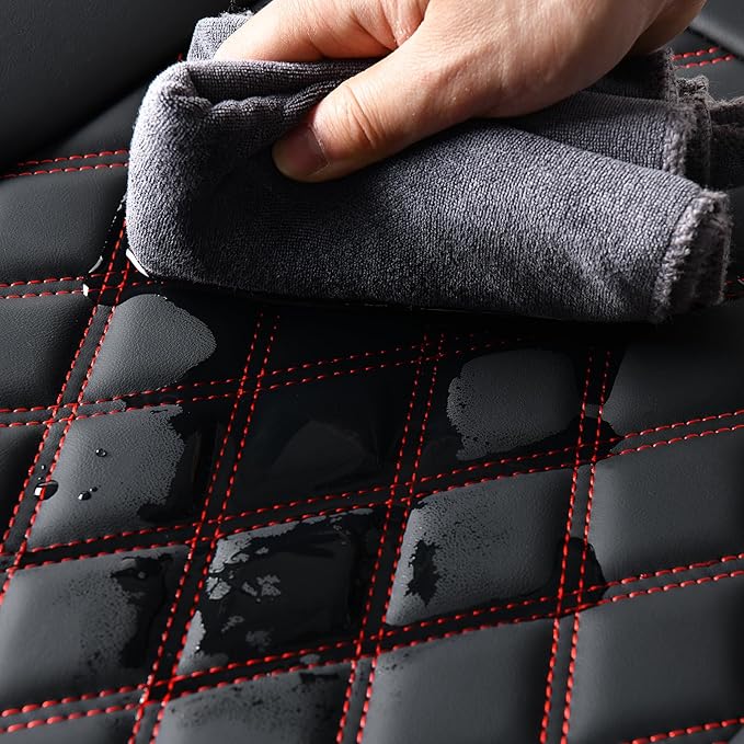 Huidasource Rear Bench Car Seat Covers, Split Back Leather Seat Cover Velcro Adjustable, Compatible with Armrests, Seat Belts, Child Safety Seats, Fit for Most Cars SUVs Trucks (Back Row/Black&Red)
