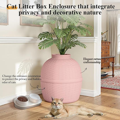 Cat Litter Box, Hidden Litter Box with Faux Plant, Heavy Duty Litterbox Enclosure Furniture with Rattan Pattern, PP Cat Box Enclosure Furniture for Living Room, Bedroom, Pink