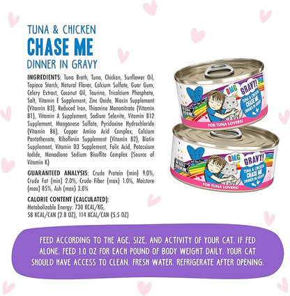 Weruva B.F.F. OMG - Best Feline Friend Oh My Gravy!, Tuna & Chicken Chase Me with Tuna & Chicken, 2.8oz Can (Pack of 12)