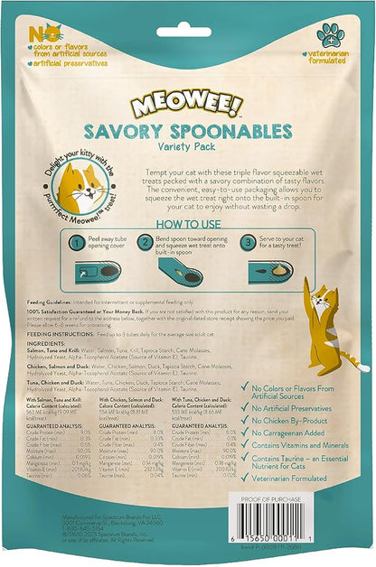 MEOWEE! Savory Spoonables Variety Pack, 12 Count Tube, Triple Flavor Squeezable Lickable Wet Treats for Cats with Built-in Spoon for Less Mess (Pack of 2)