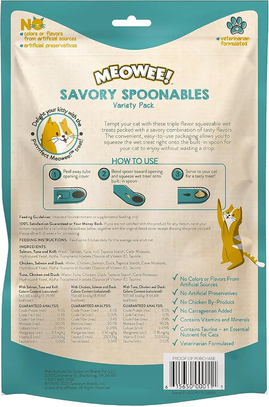 MEOWEE! Savory Spoonables Variety Pack, 12 Count Tube, Triple Flavor Squeezable Lickable Wet Treats for Cats with Built-in Spoon for Less Mess (Pack of 2)