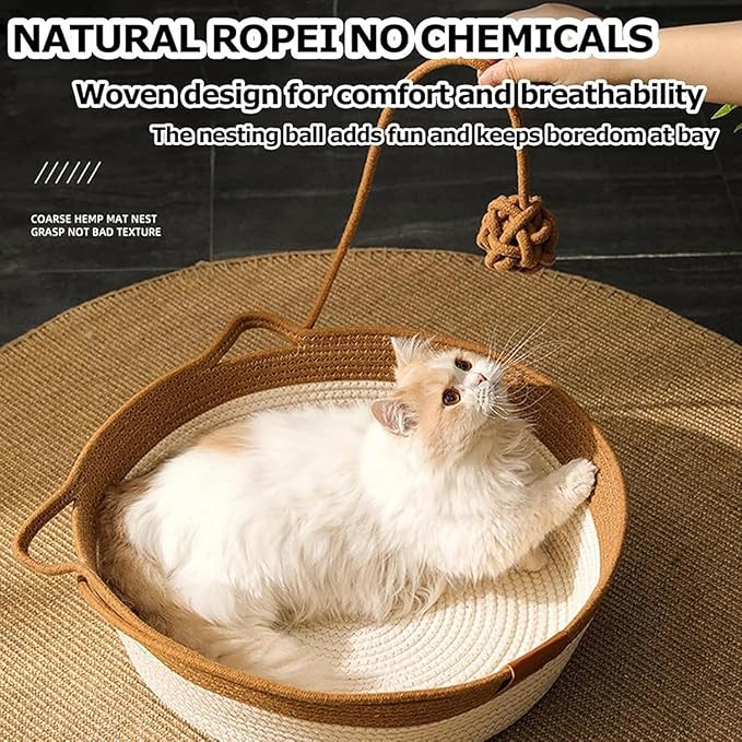 Instinct Basket, Stimulicat Cat Bed, Stimulicat Cat Bed Rope Cotton with Cushion, Eliminates Bed Rejection Round Pet Basket, Boho Catbed for Cats Handwoven Scratchable Breathable Weave (Small-B)