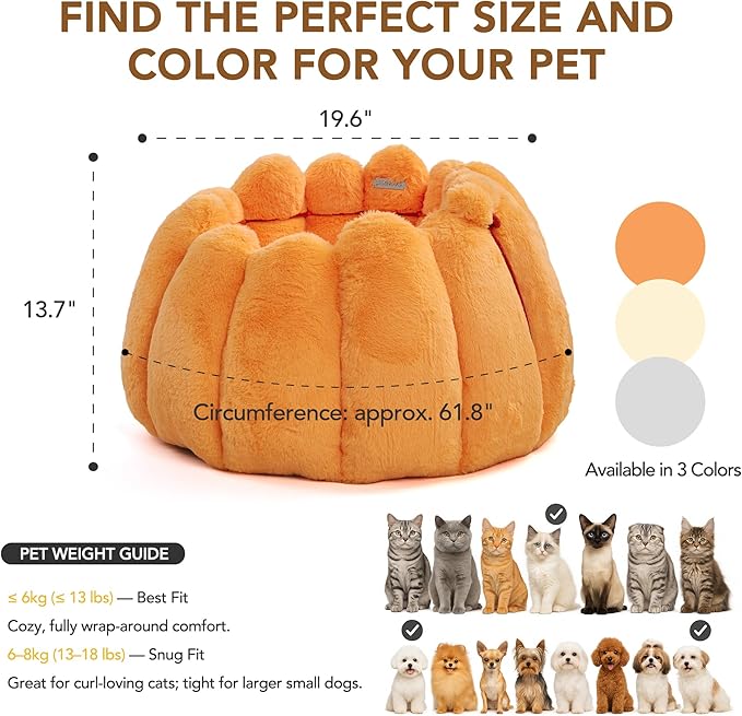 PETNOVO Pumpkin Calming Cat Bed,Plush Donut Cuddler with High Bolster,Ultra Soft Bunny Plush,Oeko‑TEX,Non-Slip Pet Nest,for Indoor Cats up to 13 lbs & Small Dogs,20Lx20Wx12H Inch,Pumpkin Yellow