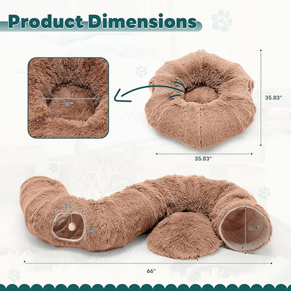 DUMOS Cat Tunnel Bed for Indoor Cats Cave Donut Play Tunnel with Soft Plush Peekaboo, Circle Cushion, Washable Multifunctional Playground Under Tree Pet Toys for Kittens, Puppy Rabbit, Ferret, Brown