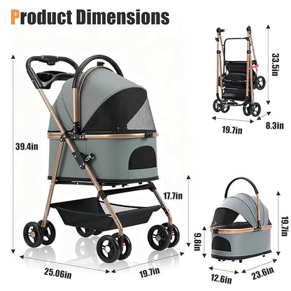 pet Stroller with Removable Carrier cat Dog Stroller with Aluminum Alloy Frame and 900D Oxford Fabric, Featuring one-Touch Folding,Includes rain Cover,for Travel, Walking,Shopping (Grey)