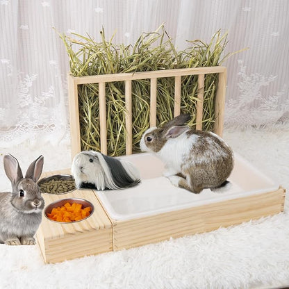 BESNEW 3 in 1 Rabbit Hay Feeder with Litter Box,Wooden Hay Feeder with 2 Bowls & Litter Box for Guinea Pig Chinchilla Bunny Other Small Animals,Large Capacity & Preventing Waste