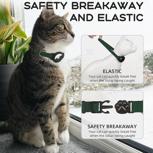 AirTag Cat Collars, Stretchy Collar with Apple AirTag Holder and Bell, Breakaway Ultra Design Elastic GPS Tracking Collars for Cats and Puppies, (7.5-12.5 Inch), Forest Green