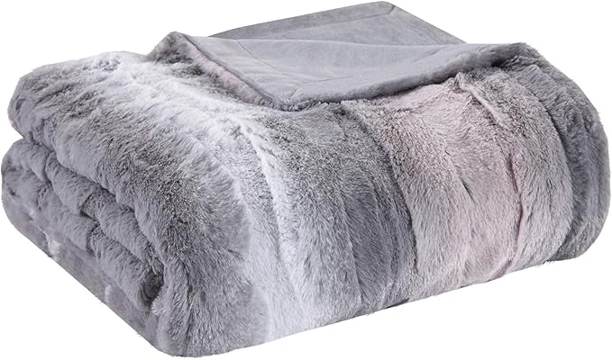 Madison Park Zuri Soft Plush Luxury Oversized Faux Fur Throw Animal Stripes Design, Faux Mink On The Reverse, Modern All Seasons Blanket for Bed, Sofa Couch, Office, Blush/Grey, 60x70