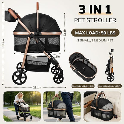 Pet Stroller for Small/Medium Dogs & Cats Up to 50 lbs, 3-in-1 Foldable Stroller w/Detachable Carrier & Car Seat, Removable All-Season Liner, Sunshade, Storage Basket & Cup Holder, All-Terrain, Black
