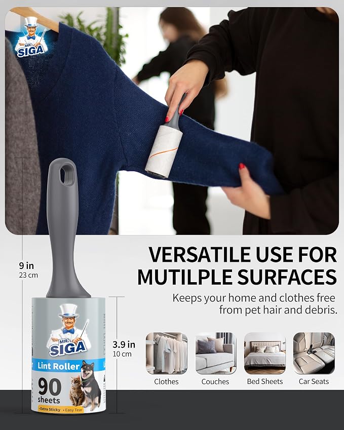 MR.SIGA Extra Sticky Lint Roller Pet Hair Remover for Clothes, 540 Sheets | Dog and cat fur remover, removes hair from couch, furniture and carpet easily