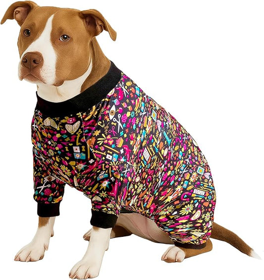 LovinPet Pet Pajamas for Pit Bulls, Full Coverage Dog Pjs with Black Trim, Decoupage Ink Print, Post Surgery Shirt, UV Protection, Pet Anxiety Relief Shirt, Large Dog Jammies, Pitbull Clothes, M