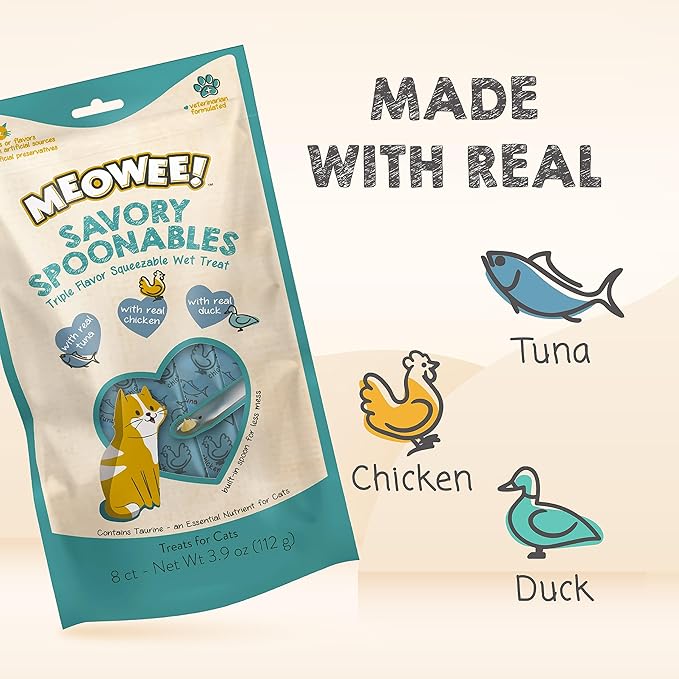 MEOWEE! Savory Spoonables with Real Tuna, Chicken & Duck, 8 Count Tube, Triple Flavor Squeezable Lickable Wet Treats for Cats with Built-in Spoon for Less Mess