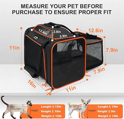 Cat Carrier, Airline Approved Dog Carrier with Top and Side Expansion, 360° Ventilation Soft-Sided Cat Carrier with Safety Leash, Foldable Travel Carrier for Small Cats and Dogs,Black
