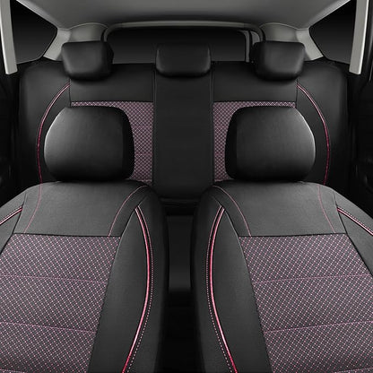 CAR PASS Piping PU Leather Car Seat Cover Full Set,Inside Zipper Design and Reserved Opening Holes，Airbag Compatible,Universal FIT for Car, SUVs,Van,Trucks（Full Set, Black & Pink）