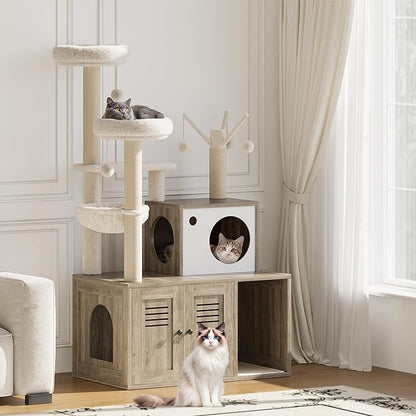 Furniture Style Cat Tree Tower & Hidden Litter Box Cabinet Combo – Multi-Level Cat House with Sisal Scratching Posts, Perch & Luxury Hammock