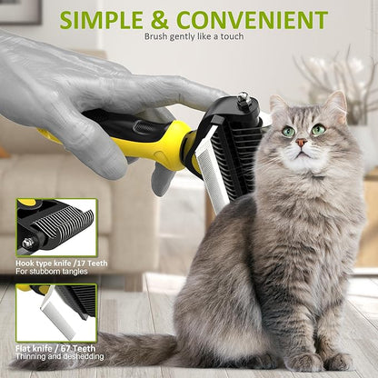 Spring Blossoms-2 in 1 Professional Grooming Rake for Cats & Dogs-Dematting Comb for Easy Mats & Tangles Removing,Pet Brush Safe No More Nasty Shedding and Flying Hair (Lemon Yellow)