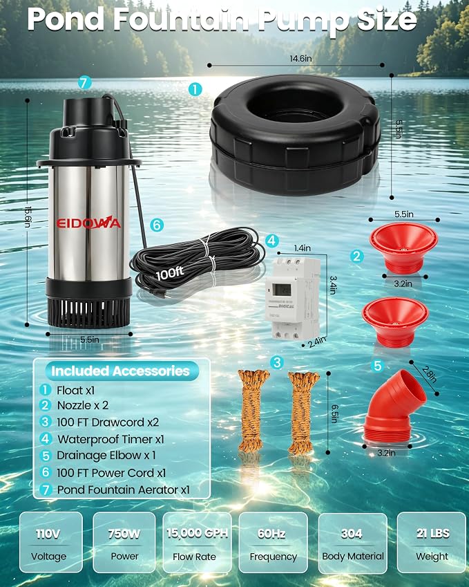 Floating Pond Fountain Aerator, 1HP, 110V, 15000GPH, Black | 304 Stainless Steel, Smart Programmable Timer, Anti-Tipping Base, 100 FT Power Cord Floating Pond & Lake Fountain Aerator