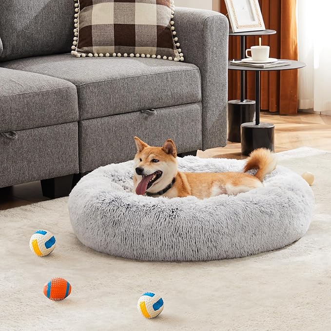 Sweetcrispy 30.7"x30.7" Donut Dog Bed, Large Round Calming Cat Bed with Washable Waterproof Cushion, Anti-Anxiety & Anti-Slip Fluffy Cuddle Cozy Faux Fur Plush for Pet Puppy Indoor Sleeping, Gery