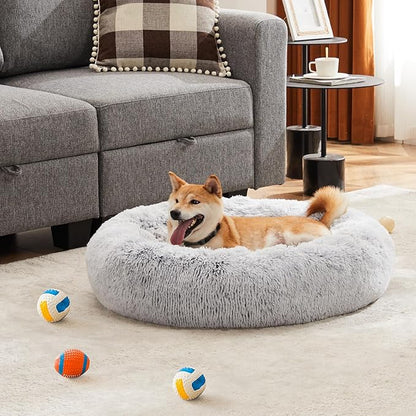 Sweetcrispy 30.7"x30.7" Donut Dog Bed, Large Round Calming Cat Bed with Washable Waterproof Cushion, Anti-Anxiety & Anti-Slip Fluffy Cuddle Cozy Faux Fur Plush for Pet Puppy Indoor Sleeping, Gery