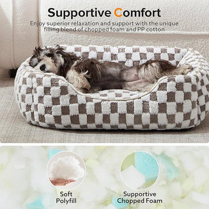 JOEJOY Dog Beds for Small Dogs -Cute Cat Beds for Indoor Cats Calming Pet Beds, Rectangle Orthopedic Cuddle Puppy Bed with Jacquard Shaggy Plush & Anti Slip Bottom, 20x19x6inches, Cofffee