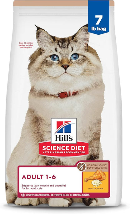 Hill's Science Diet Adult 1-6 No Corn, Wheat or Soy Dry Cat Food, Chicken, 7 lb. Bag