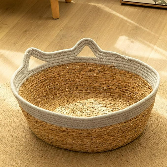 A cat Basket Woven from Cattail, Integrated cat Bed with cat Litter and Scratching Board, Foldable Sleeping Basket for Cats, Dogs, Rabbits, and Small Pets