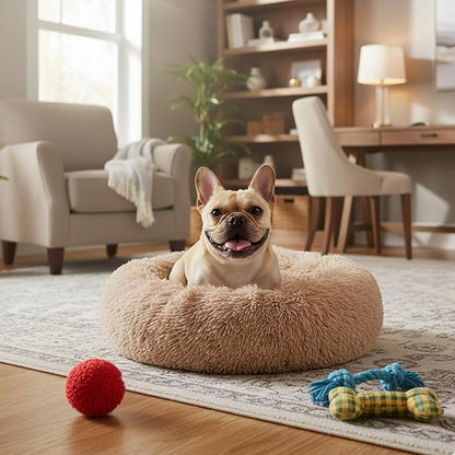 Soft Round Dog & Cat Bed, Anti-Anxiety Donut Cuddler with Anti-Slip Bottom Cozy Fluffy Pet Bed for Medium Large Dogs and Cats, 30inch, Brown