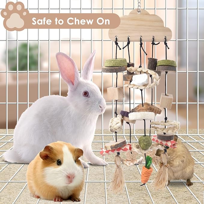Bissap 3 PCS Rabbit Chew Toy, Bunny Cage Hanging Chew Toys Treats Rattan Ring with Snacks Water Grass Wooden Block Carrot for Guinea Pigs Chinchillas Hamsters Rats and Other Small Pets Teeth Grinding